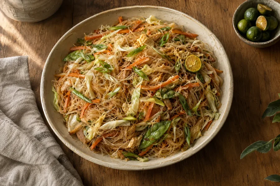A platter of long, uncut pancit noodles